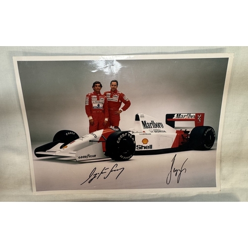 91 - A Formula 1 signed photo of Ayrton Senna and Gerhard Berger and a framed and glazed cross stitch For... 