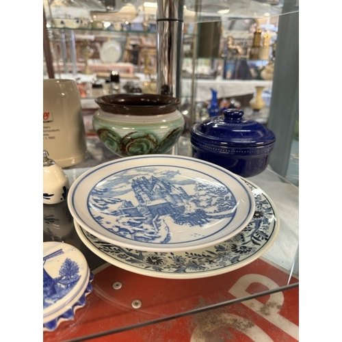 92 - A mixed lot of pottery, china etc on 2 shelves including Delft