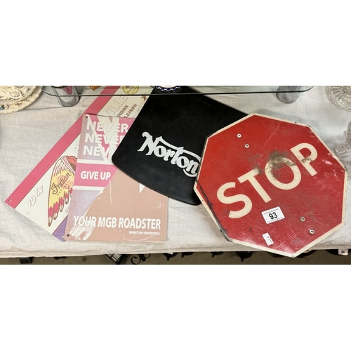 93 - A stop road sign, Norton mud flap etc