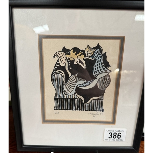 386 - Three original woodcut prints of cats & one other