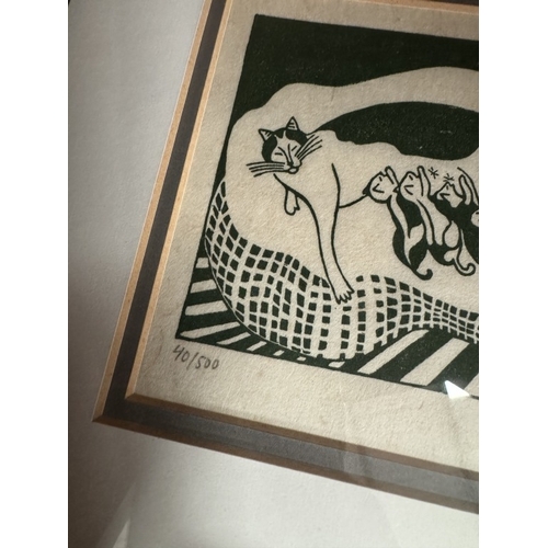 386 - Three original woodcut prints of cats & one other