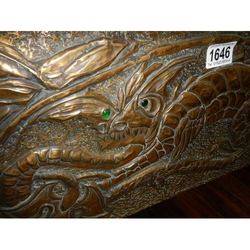 1646 - A large 19th century Chinese zinc lined brass planter with relief dragon decorations, 64 x 36 x 27 c... 