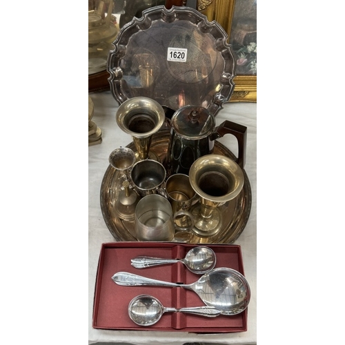 1620 - A quantity of miscellaneous silver plate items including trays, spill vases etc