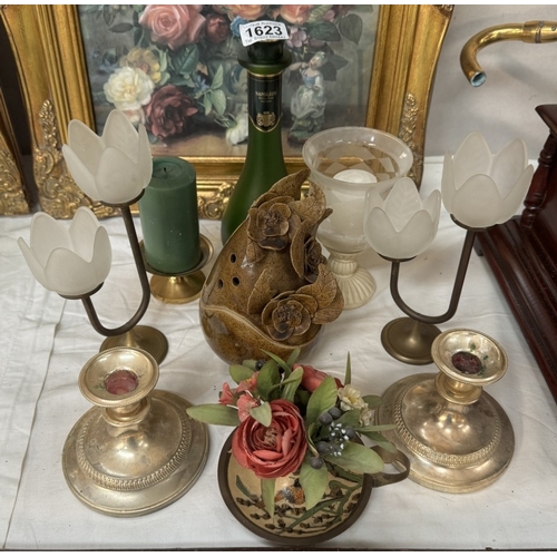 1623 - A Napoleon Otard Cognac bottle, silver plated candlesticks etc