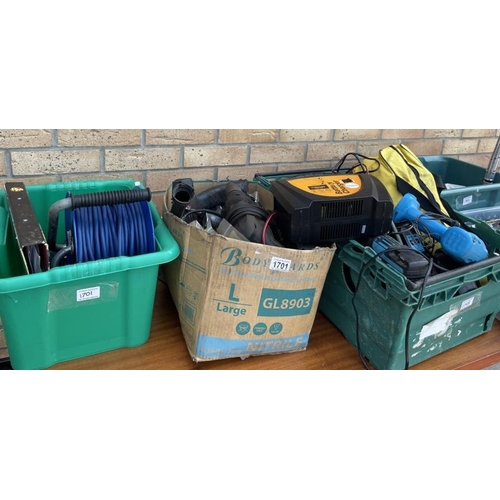 1701 - Three boxes of hand tools, drill chargers etc