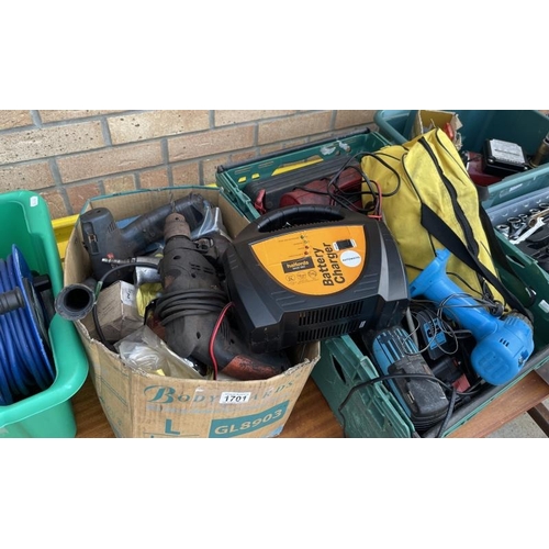 1701 - Three boxes of hand tools, drill chargers etc