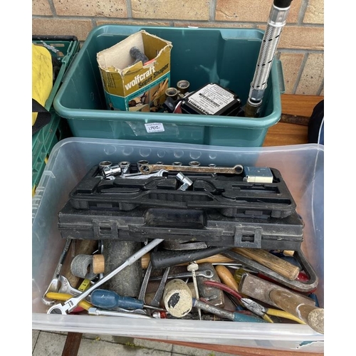 1702 - Two boxes of tools including hammers, shower pump etc