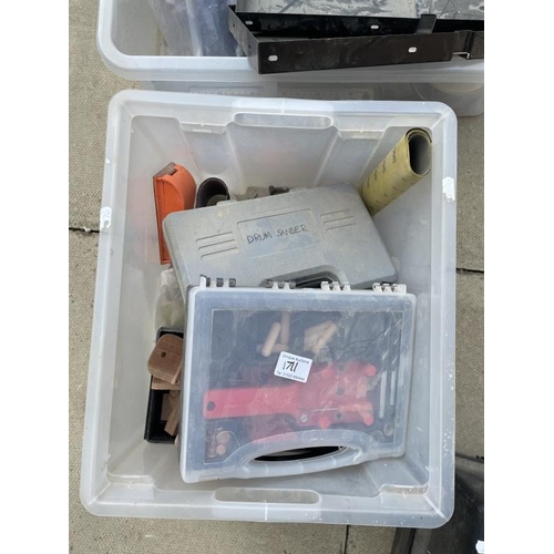 1711 - Two boxes of tools including a Drum sander etc