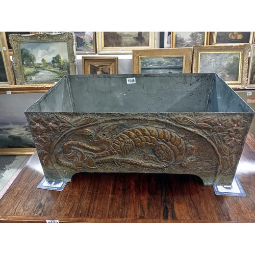 1646 - A large 19th century Chinese zinc lined brass planter with relief dragon decorations, 64 x 36 x 27 c... 