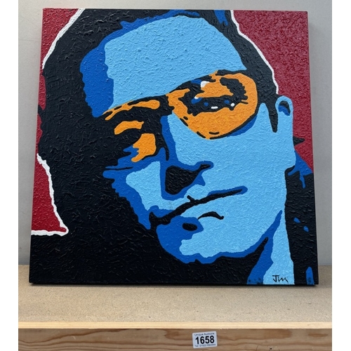 1658 - An oil on canvas of Bono from U2 signed Jim. 61 x 61cm