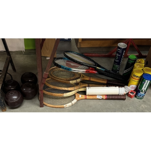 1778 - A good lot of tennis rackets, bowls, tennis balls etc