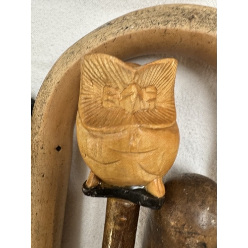 1782 - Four walking sticks / canes one with owl carved as handle