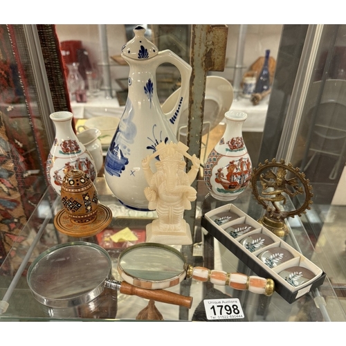 1798 - A Delft windmill pattern, oil & bottle, magnifying glasses etc