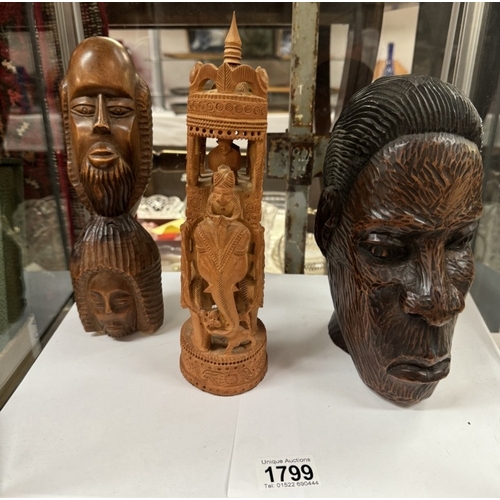 1799 - A multi faced wooden carving from Jamaica, Indian elephants & A bust