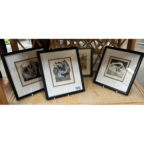 1810 - Three original woodcut prints of cats & one other