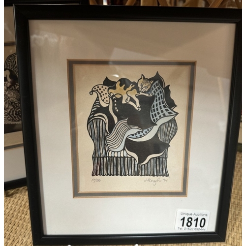 1810 - Three original woodcut prints of cats & one other