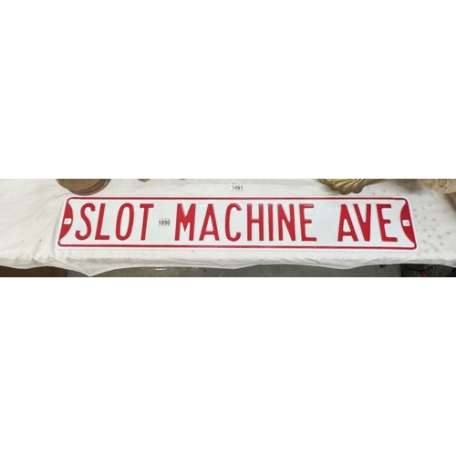 1890 - A retro SLOT MACHINE AVE road sign style metal sign.