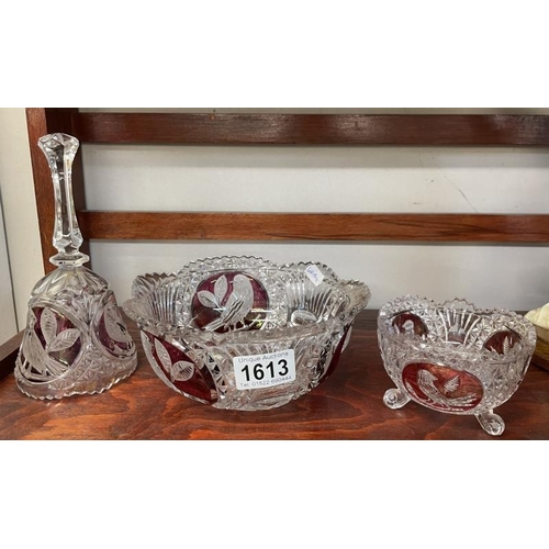 1613 - 3 Bohemic crystal items including crystal bowl, bell & bon bon dish with red bird design