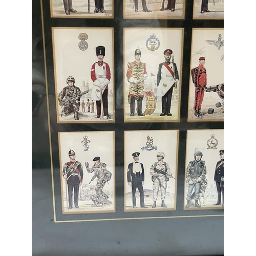 1645 - A framed and glazed set of military uniform cigarette cards.