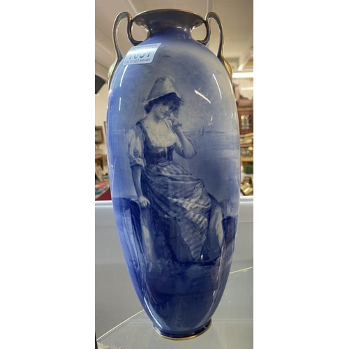 1651 - Two tall Doulton Burslem blue vases with figures on fronts (both have chips to rims). COLLECT ONLY.