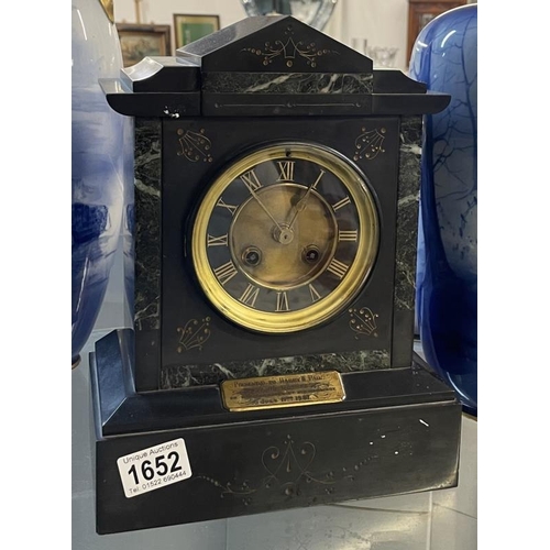 1652 - A Victorian slate clock with presentation plaque dated 1887