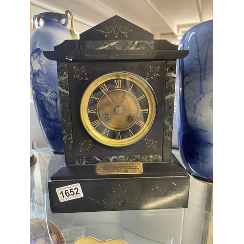 1652 - A Victorian slate clock with presentation plaque dated 1887