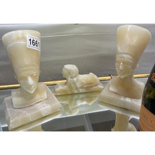 1661 - 3 Egyptian alabaster pieces including a pair of pharaoh heads