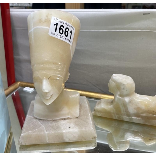 1661 - 3 Egyptian alabaster pieces including a pair of pharaoh heads