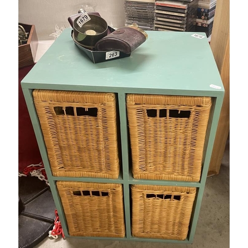 1678 - A painted teal drawer unit with 4 wicker baskets, approximate depth 36.5cm, width 45.5, height 63cm