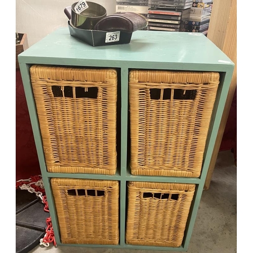 1678 - A painted teal drawer unit with 4 wicker baskets, approximate depth 36.5cm, width 45.5, height 63cm