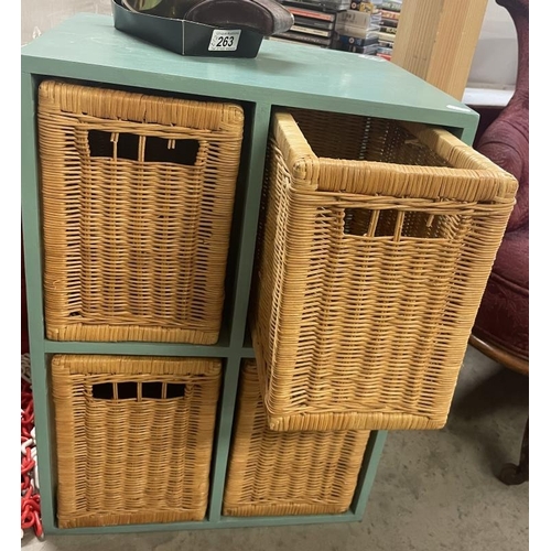 1678 - A painted teal drawer unit with 4 wicker baskets, approximate depth 36.5cm, width 45.5, height 63cm