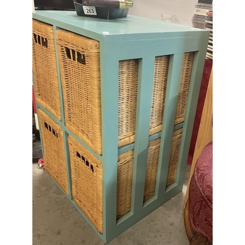 1678 - A painted teal drawer unit with 4 wicker baskets, approximate depth 36.5cm, width 45.5, height 63cm