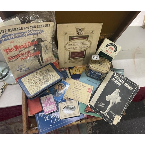 1707 - A large wooden box full of mixed ephemera (postcards, souvenirs & programs etc.)