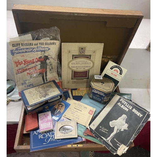 1707 - A large wooden box full of mixed ephemera (postcards, souvenirs & programs etc.)