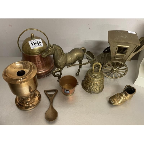 1845 - A brass hansom cab, a copper & brass tea caddy etc.