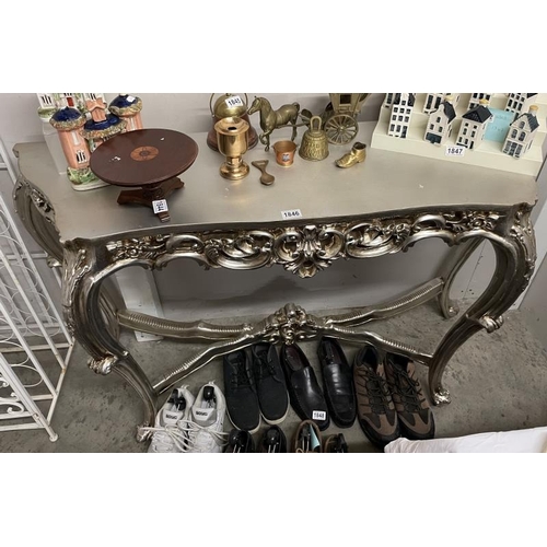 1846 - A French style silver coloured console table. 142cm x 42cm x 81cm high. COLLECT ONLY.