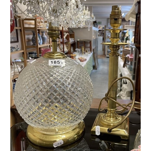 1851 - A glass orb & brass table lamp base & a brass column lamp base