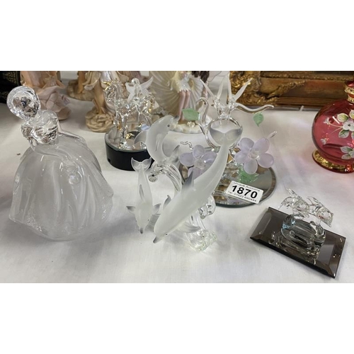 1870 - 5 crystal glass figurines including Humming bird set & Italian rock crystal rock lamp