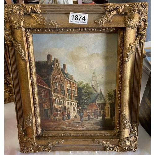 1874 - A gilt framed continental street scene over painted print.