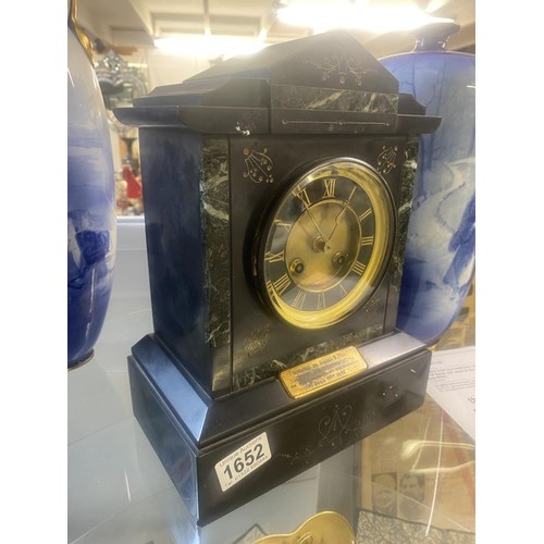 1652 - A Victorian slate clock with presentation plaque dated 1887