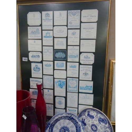 1403 - A quantity of framed and glazed wine labels