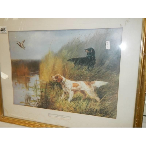 1406 - A framed and glazed print of a rural scene with hunting hound. COLLECT ONLY.