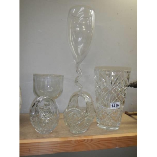 1416 - A mixed lot of glass ware including cut glass vase, baskets etc., COLLECT ONLY.