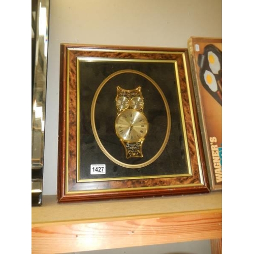 1427 - A framed and glazed owl clock. COLLECT ONLY.