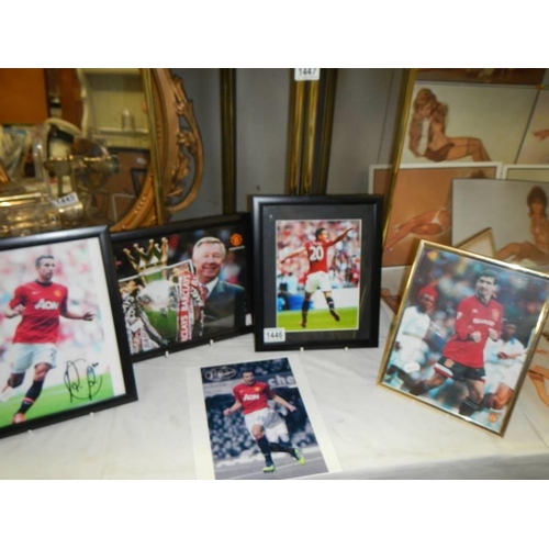 1446 - Four framed and glazed football related pictures and one unframed.