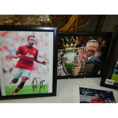 1446 - Four framed and glazed football related pictures and one unframed.