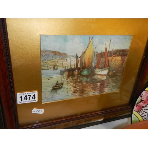 1474 - A framed and glazed mid 20th century harbour scene. COLLECT ONLY.