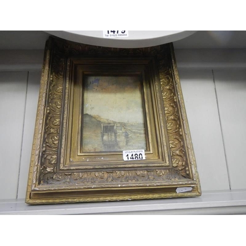 1480 - A framed oil on board coastal fishing scene, a/f.