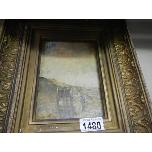 1480 - A framed oil on board coastal fishing scene, a/f.