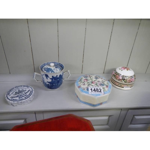 1482 - A mixed lot of ceramics including blue & white chocolate cup, trinket pot, pot lid etc.,